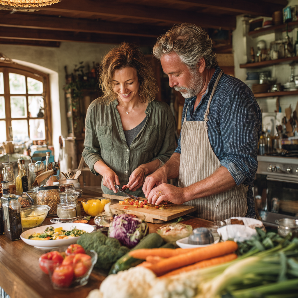 Middle-aged adults preparing healthy meals together in a natural kitchen setting
