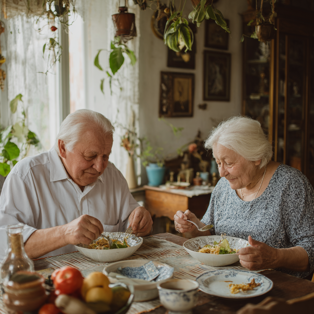 Older adults enjoying a balanced meal in a calm, natural dining environment